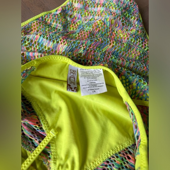 BECCA | Women’s Crochet One Piece Swimsuit Neon Yellow Pink Blue Green Size L - Picture 2 of 6